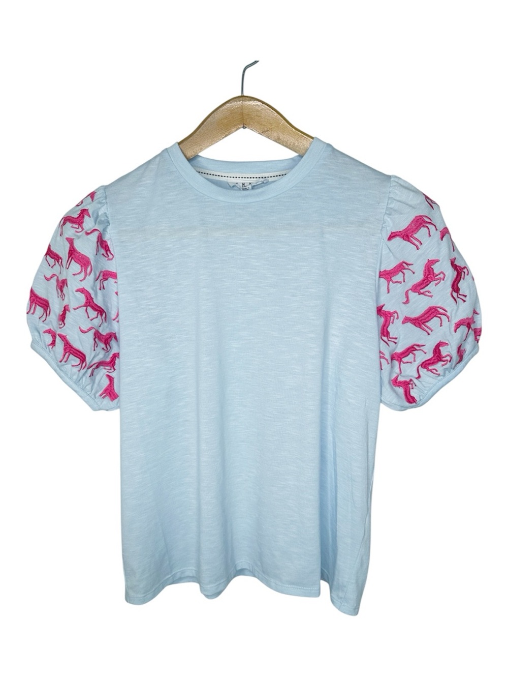 THML Puff Sleeve Top Horse Embroidered Size Medium Light Blue Hot Pink